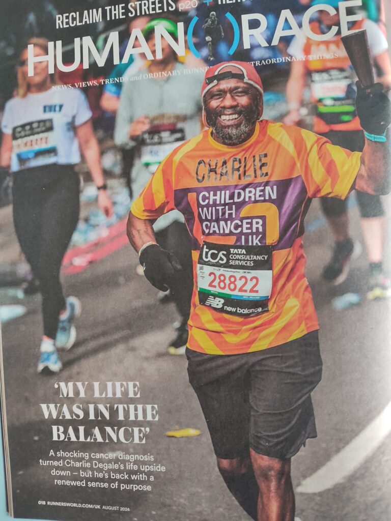 CHARLIE DEGALE – surviving cancer – Runner’s World, Aug 2024 issue